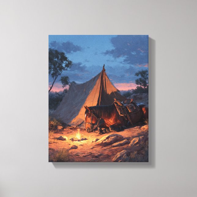 Glowing Campfire Tent Sunset Painting Canvastryck (Framsida)