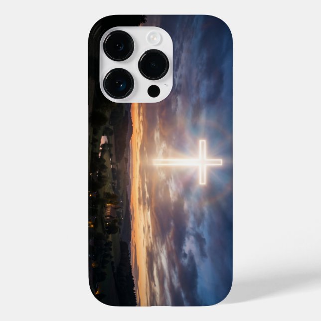 Glowing Christian Cross Sunset Sky iPhone Case (Baksida)