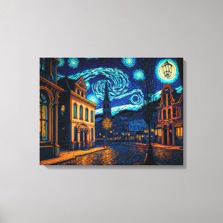 Glowing City Street under Starry Night Himlar - Canvastryck