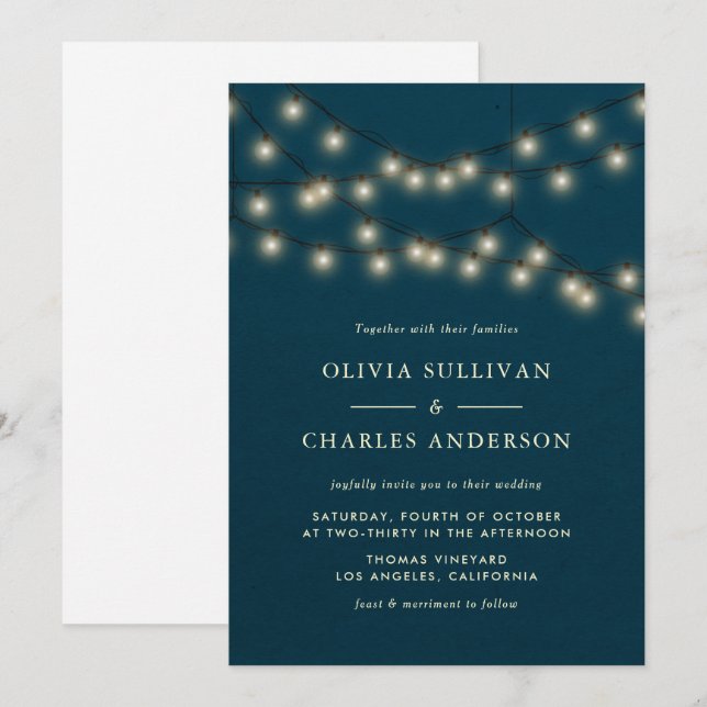 Glowing Globe String Ljus Rustic Teal Bröllop Inbjudningar (Fram/baksida)