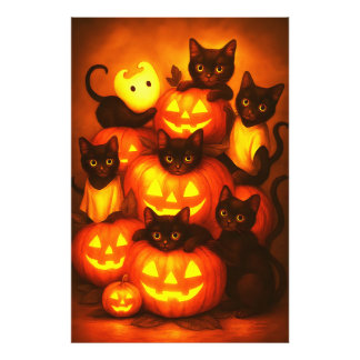 Glowing Halloween Pumpkin med Cute Black Cat Fototryck