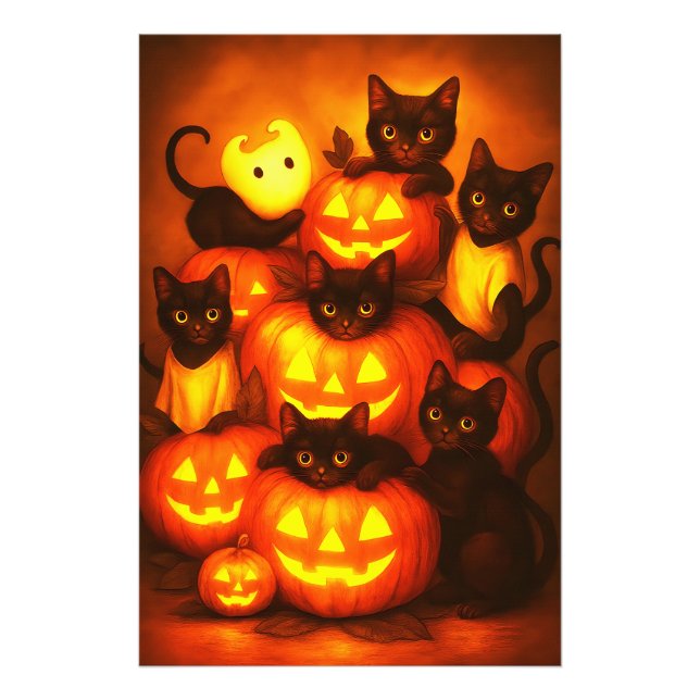 Glowing Halloween Pumpkin med Cute Black Cat Fototryck (Framsidan)
