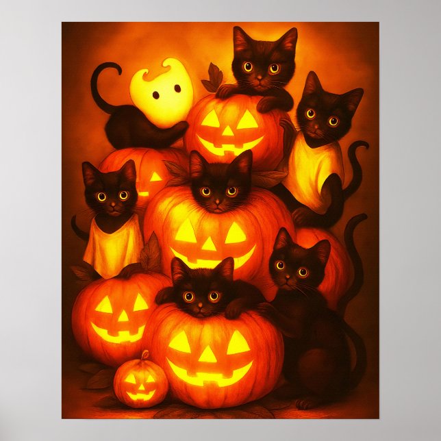 Glowing Halloween Pumpkin med Cute Black Cat Post Poster (Framsidan)