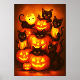 Glowing Halloween Pumpkin med Cute Black Cat Poster