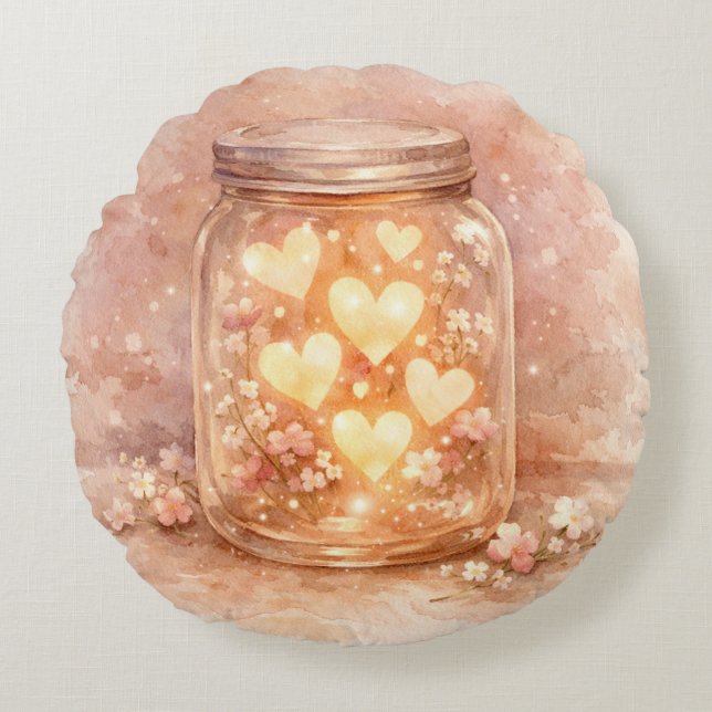 Glowing Heart Jar Round Pillow Rund Kudde (Framsidan)