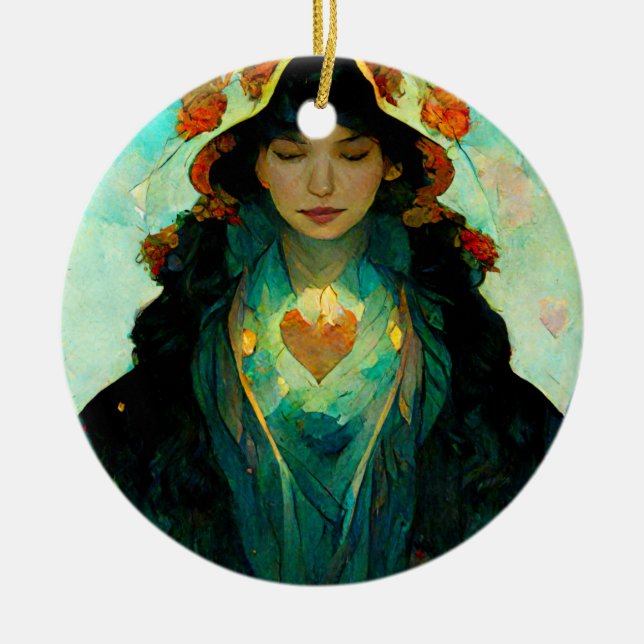 Glowing Heart Woman Fantasy Sci-Fi Julgransprydnad Keramik (Framsidan)