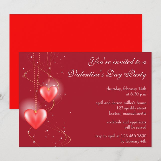 Glowing Hearts Red Valentine Day Party Inbjudan (Fram/baksida)