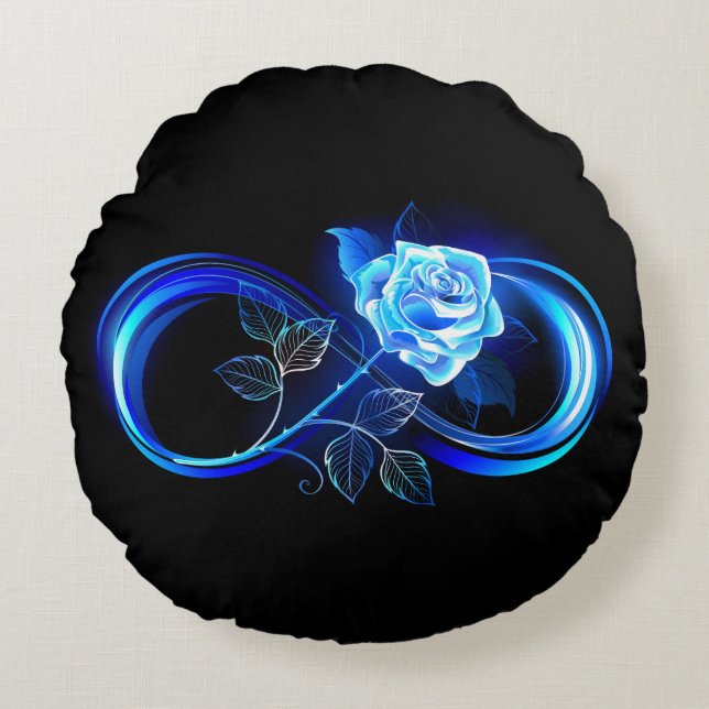Glowing infinity with blue rose rund kudde (Framsidan)