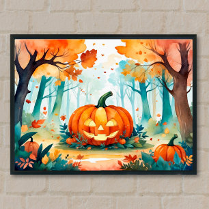 Glowing Jack O’ Lantern Autumn Forest Poster