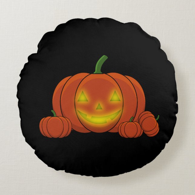 Glowing Jack-o'-Lantern Pumpkin Rund Kudde (Framsidan)