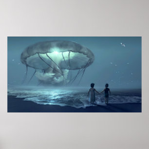 Glowing jellyfish Moln över havsstranden Poster