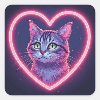 Glowing Kitty Love Art | Romantic Pet Lover Gift Fyrkantigt Klistermärke