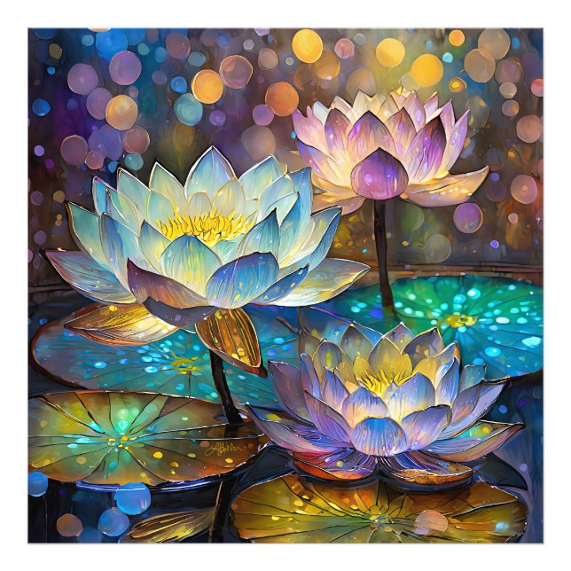 Glowing Lotus Flowers Trio Fototryck (Framsidan)