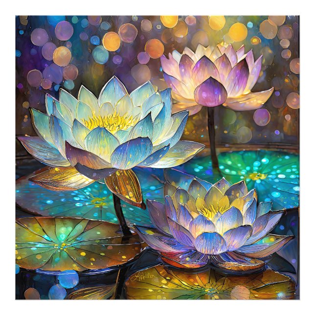 Glowing Lotus Flowers Trio Fototryck (Framsidan)