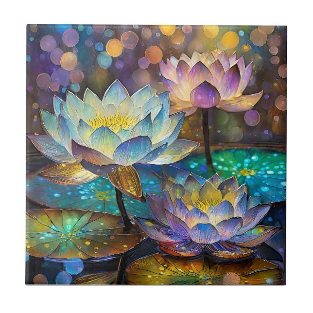 Glowing Lotus Flowers Trio Kakelplatta (Framsidan)