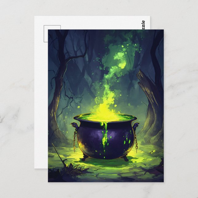 Glowing Magic Potion Cauldron Halloween Vykort (Fram/baksida)