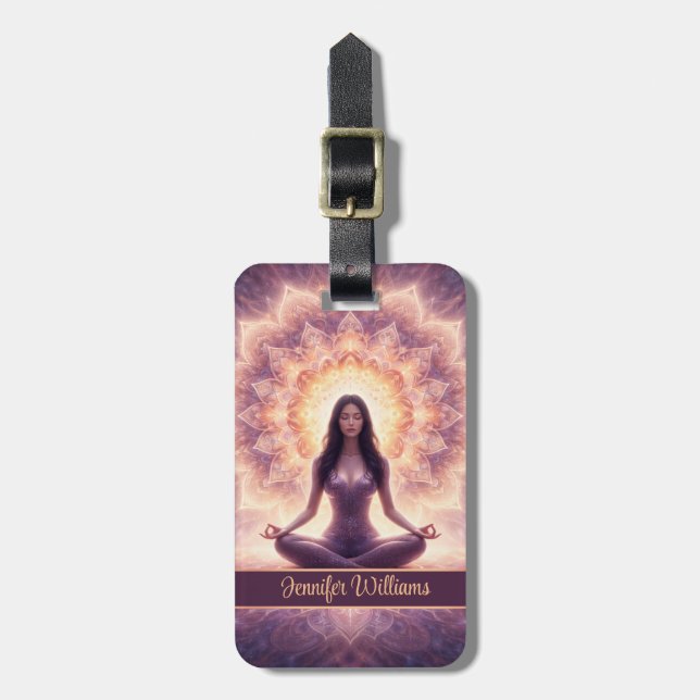 Glowing Mandala Meditation Woman Custom Name       Bagagebricka (Vertikal Framsida)