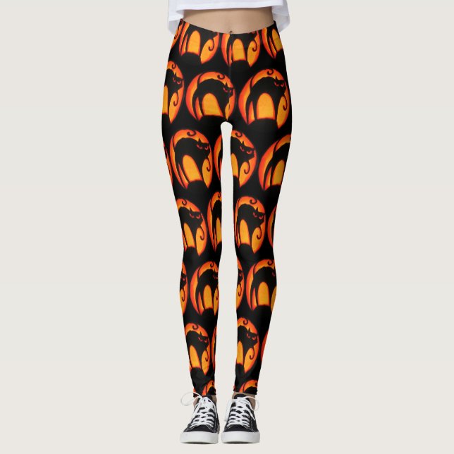 Glowing Måne & Spooky Cat Halloween Leggings (Framsida)
