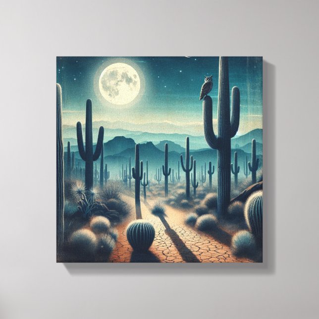 Glowing Moonlit Desert with Cactus and Fireflies Canvastryck (Framsida)