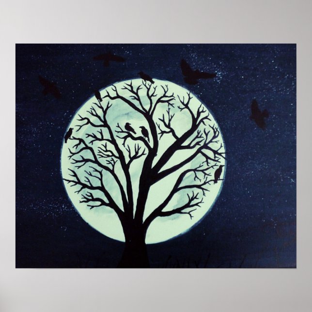 Glowing Moonlit Träd med Kråkor Poster (Framsidan)