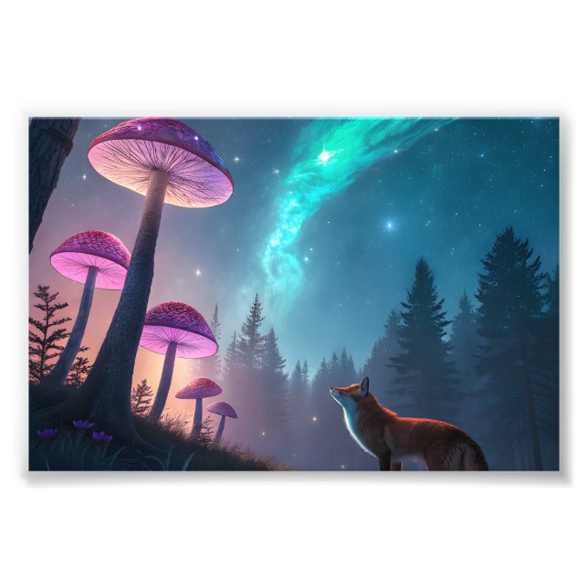 Glowing Mushroom Forest Fox Fantasy Art Fototryck (Framsidan)