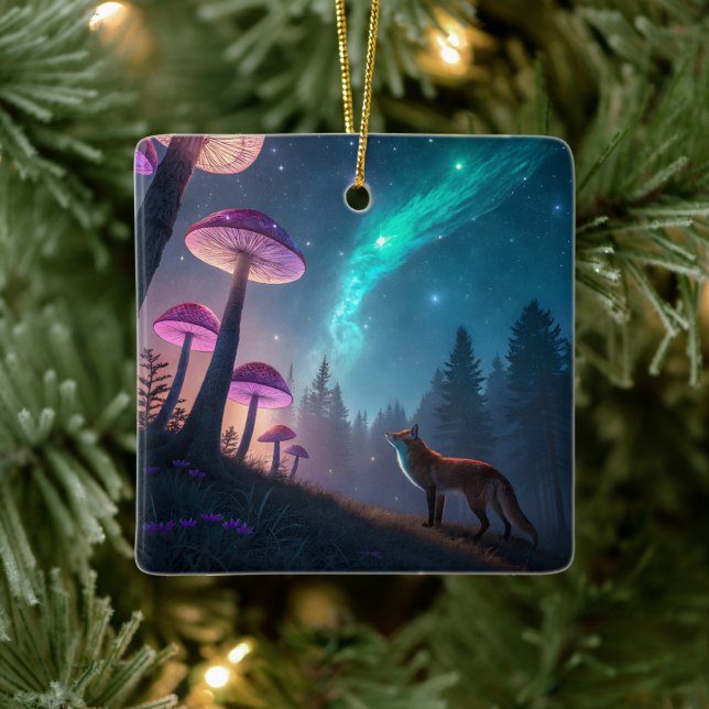 Glowing Mushroom Forest Fox Fantasy Art Julgransprydnad Keramik (Träd)