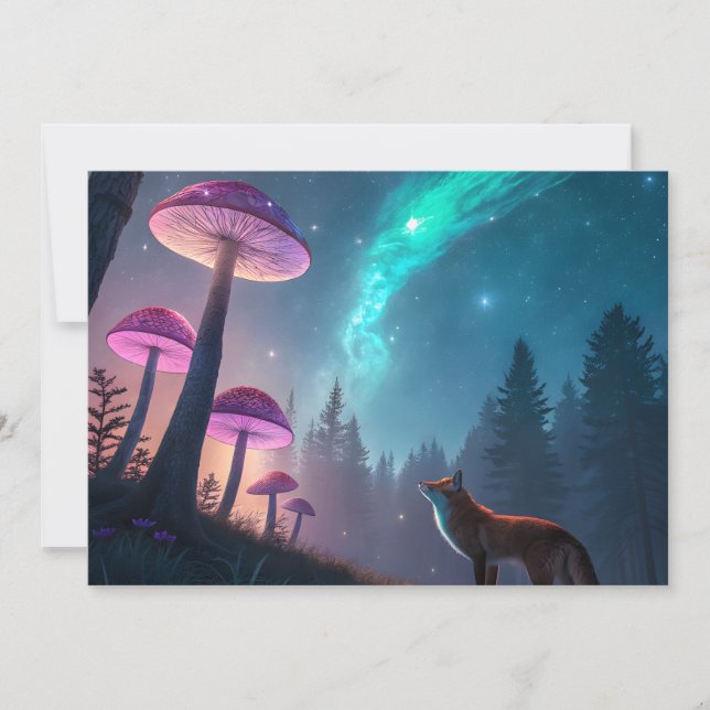 Glowing Mushroom Forest Fox Fantasy Art Julkort (Framsida)