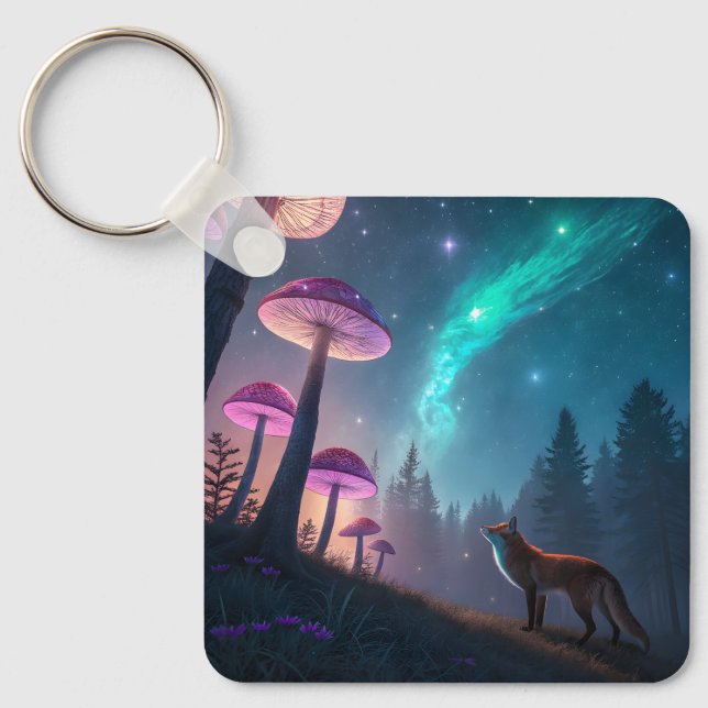 Glowing Mushroom Forest Fox Fantasy Art Nyckelring (Framsida)