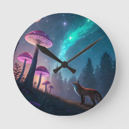 Glowing Mushroom Forest Fox Fantasy Art Rund Klocka