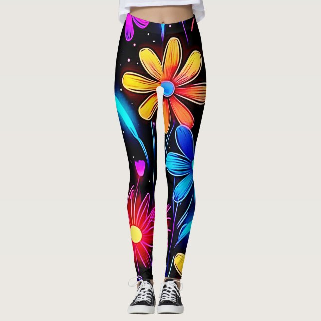 Glowing Neon Blommönster Leggings (Framsida)