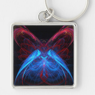 Glowing Neon Butterfly Flame Fractal Abstrakt Art Fyrkantig Silverfärgad Nyckelring