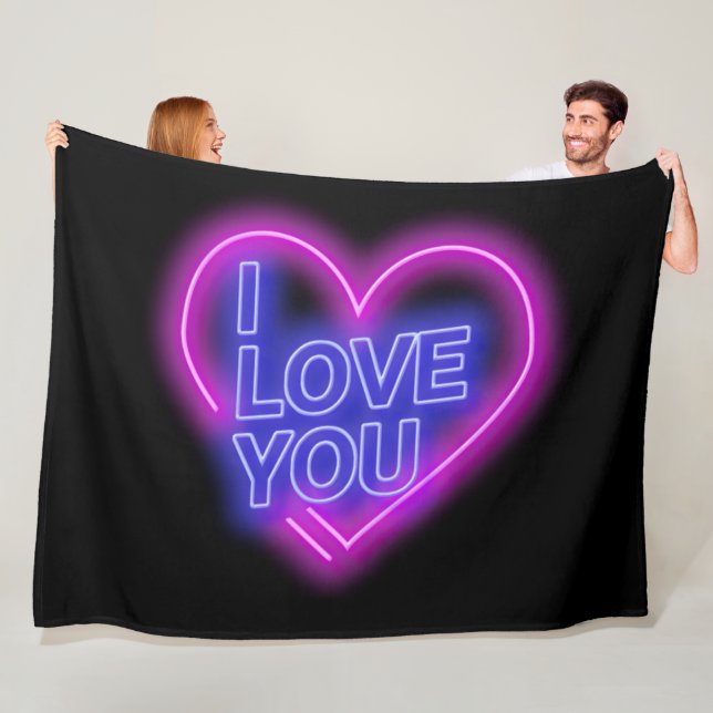 Glowing Neon Se Rosa Blue Valentine Heart Large Fleecefilt (På plats)