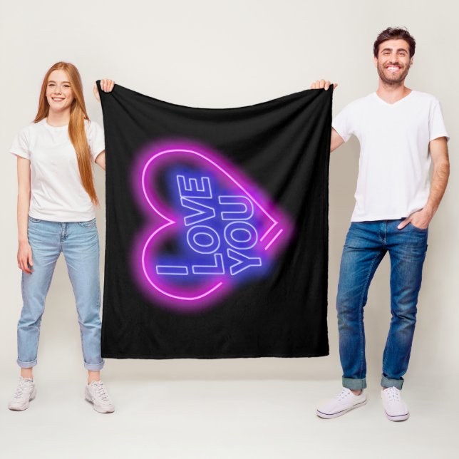 Glowing Neon Se Rosa Blue Valentine Heart Medium Fleecefilt (På plats)