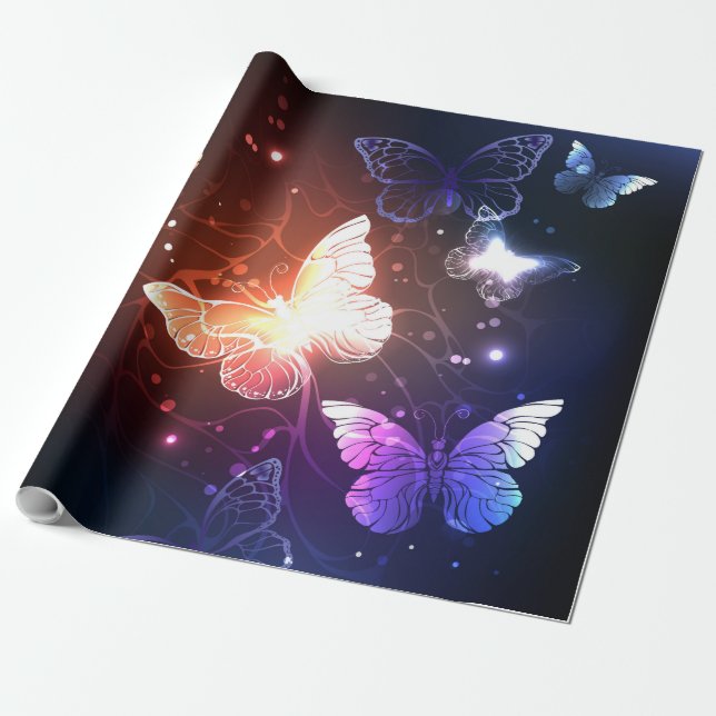 Glowing Night Butterflies Presentpapper (Utrullad)