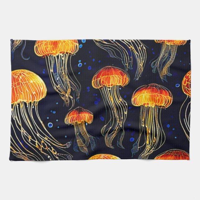 Glowing Ocean Jellyfish Art Kökshandduk (Horisontell)