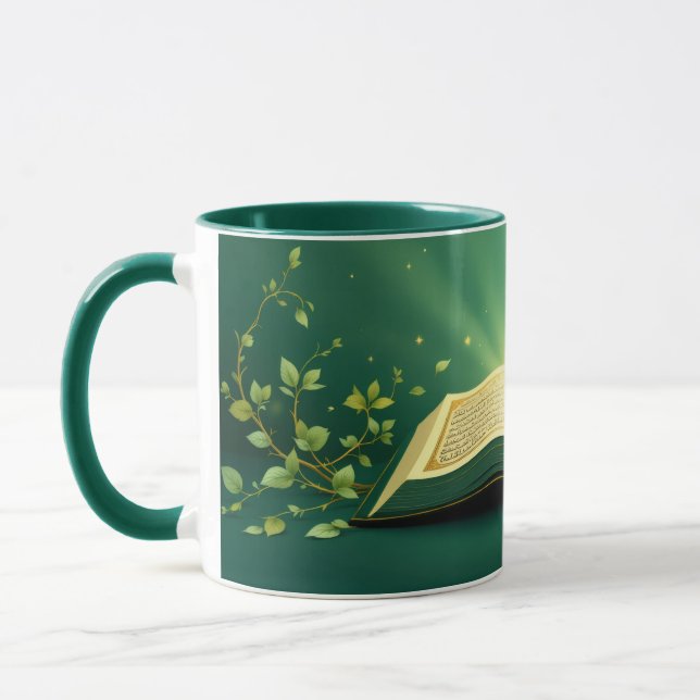 Glowing Open Quran Islamic Mug – Spiritual Green Mugg (Vänster)