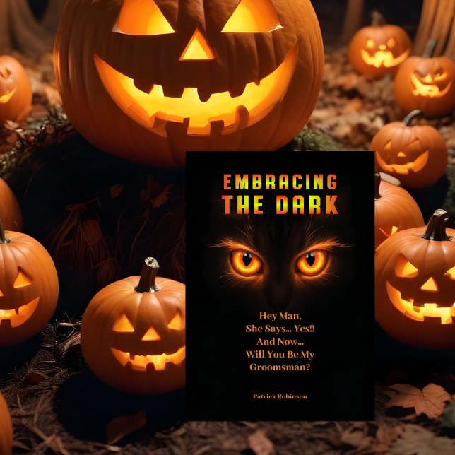 Glowing Orange Eyes Halloween Groomsmen Proposal Inbjudningar (Glowing Orange Eyes Halloween Groomsmen Proposals Cards.)