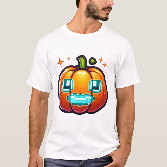 Glowing Pixel Pumpkin Halloween Retro Gamer T Shirt (Framsida)