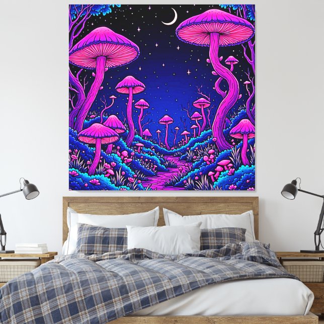 Glowing Psychedelic Mushroom Forest Night Canvastryck (Insitu (sovrum))
