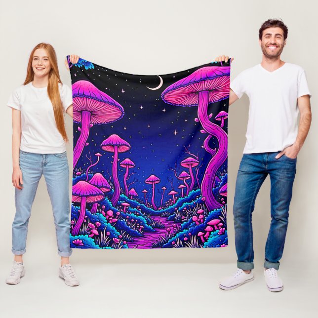 Glowing Psychedelic Mushroom Forest Night Fleecefilt (På plats)