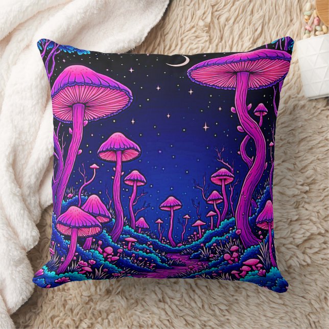 Glowing Psychedelic Mushroom Forest Night Kudde (Filt)