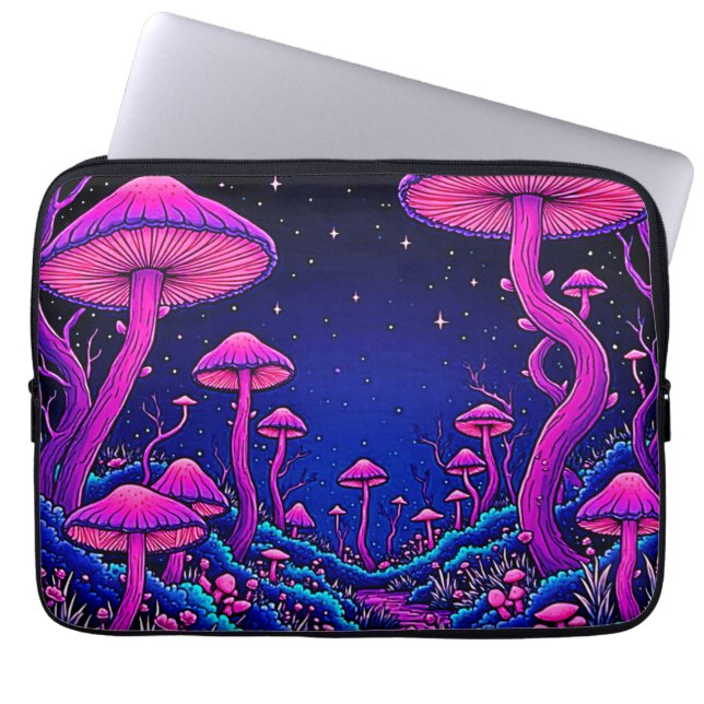 Glowing Psychedelic Mushroom Forest Night Laptop Fodral (Framsidan)