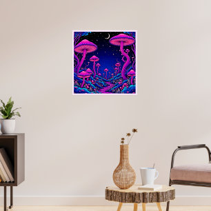 Glowing Psychedelic Mushroom Forest Night Poster