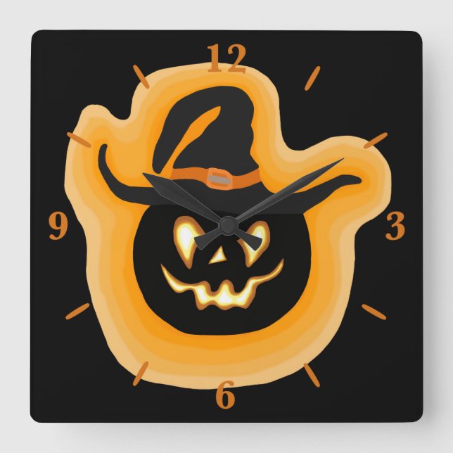 Glowing Pumpkin Witch On Black Square Wall Clock Fyrkantig Klocka (Framsida)