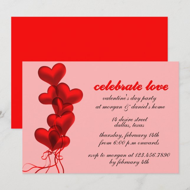 Glowing Red Heart Balloons Valentine Day Party Inbjudningar (Fram/baksida)