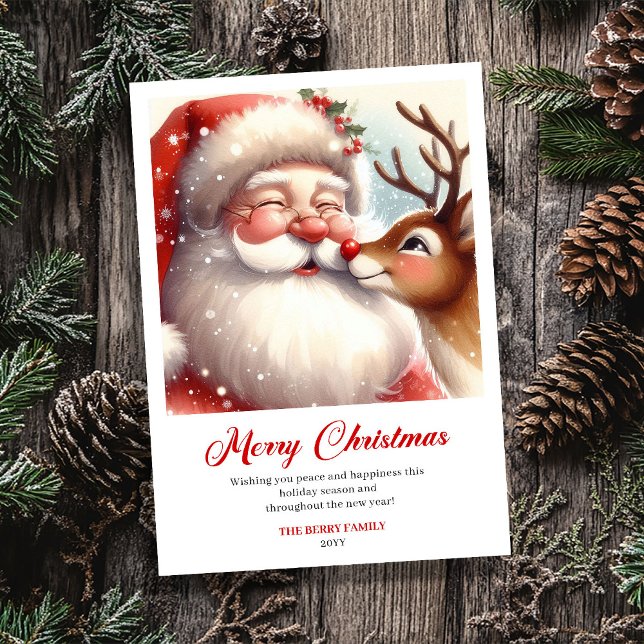 Glowing Santa And Rudolph Merry Holiday Greeting  Julkort (Glowing Santa And Rudolph Merry Holiday Greeting Card)
