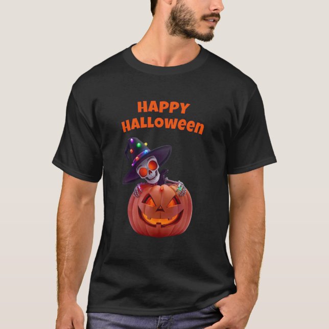 Glowing Skeleton och Pumpkin Halloween Magic T Shirt (Framsida)