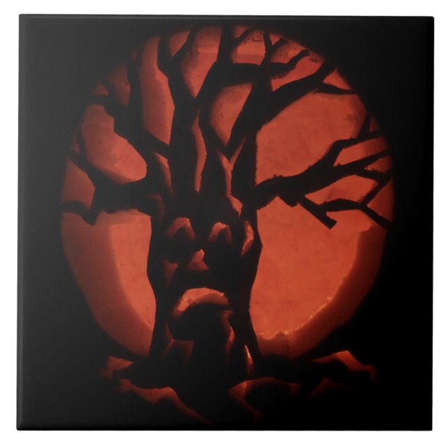 Glowing Skrämt Dead Träd Halloween Pumpkin Kakelplatta (Framsidan)
