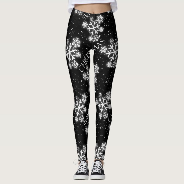 Glowing Snöflingor med julgrafik på BLACK Leggings (Framsida)