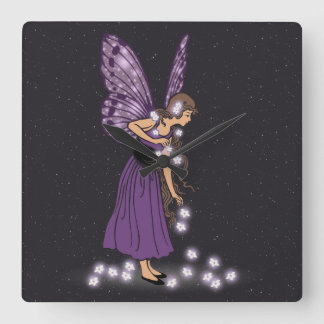 Glowing Star Flowers Söt Lila Fairy Girl Fyrkantig Klocka